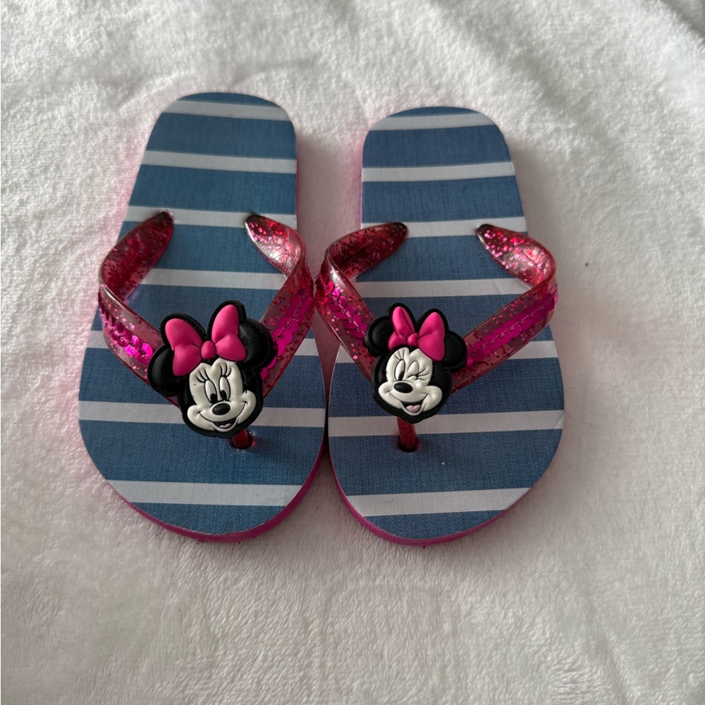 Girls' Minnie Mouse Pink Glitter Flip Flops - Navy Stripe Footbed